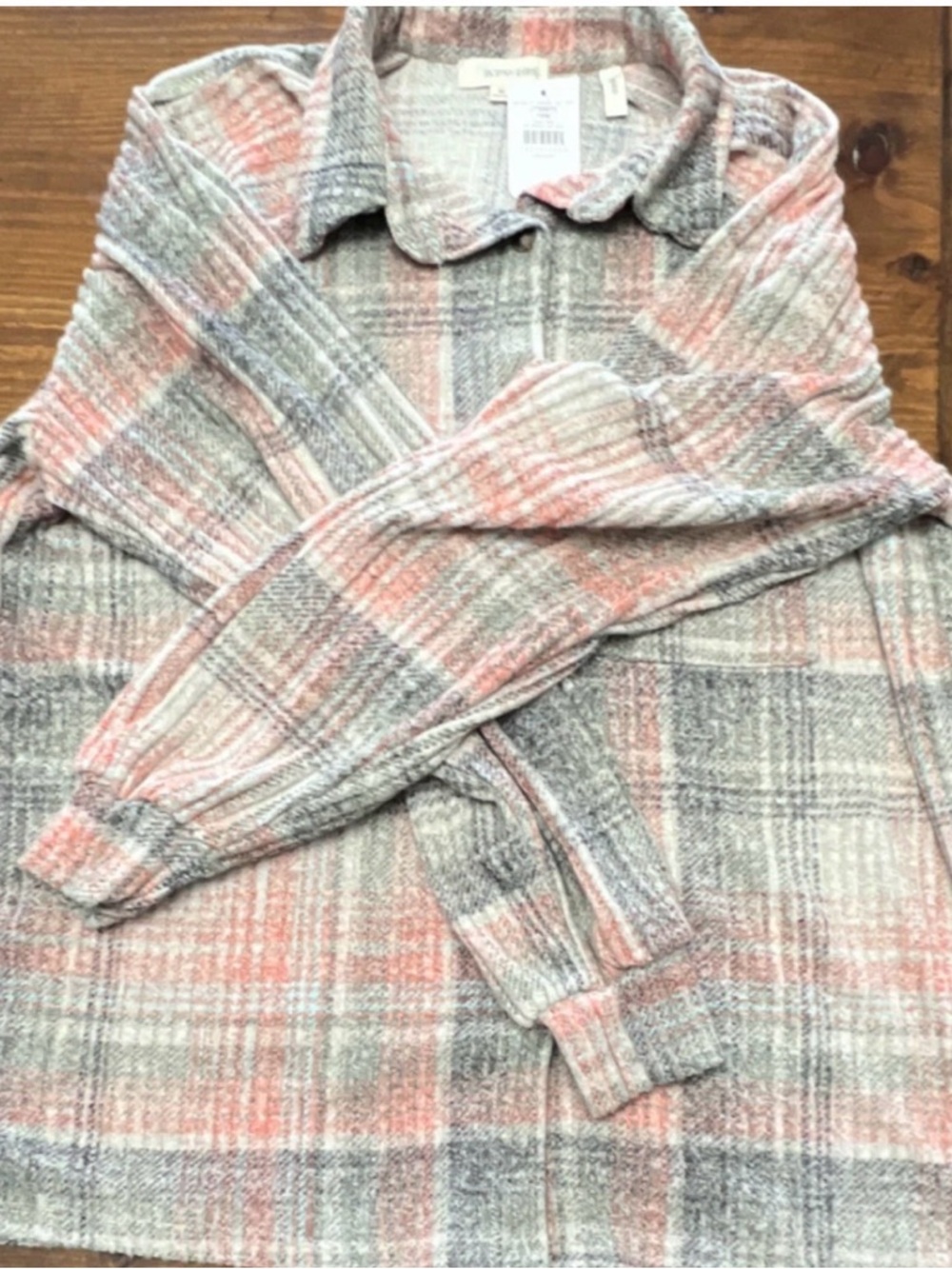 Women's Plaid Button-Down Shirt Jacket in Coral and Gray
